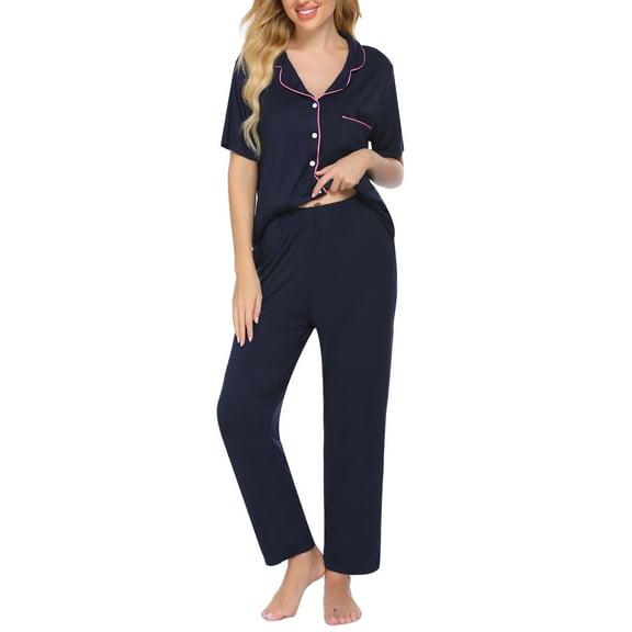 Oudiya Women Pajamas Set Notch Collar Soft Sleepwear Pjs Short Sleeve Button Down Nightwear with Long Pants