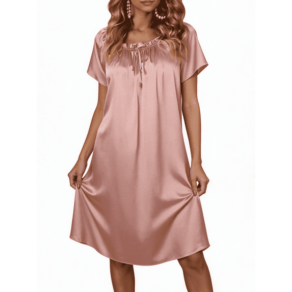 Oudiya Women Satin Nightgown Pleated Loose Sleepwear Elastic Neckline Short Sleeve Sleep Dresses, S-4XL