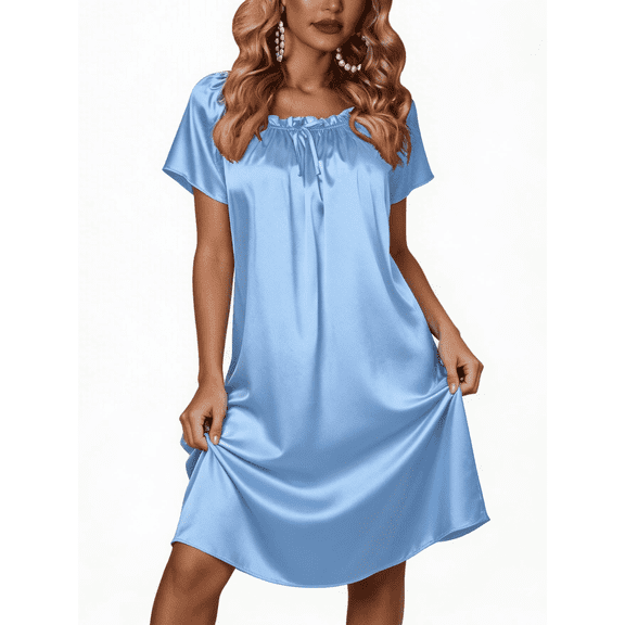 Oudiya Women Satin Silk Nightgown Pleated Loose Sleepwear Elastic Neckline Short Sleeve Nightshirt, S-4XL