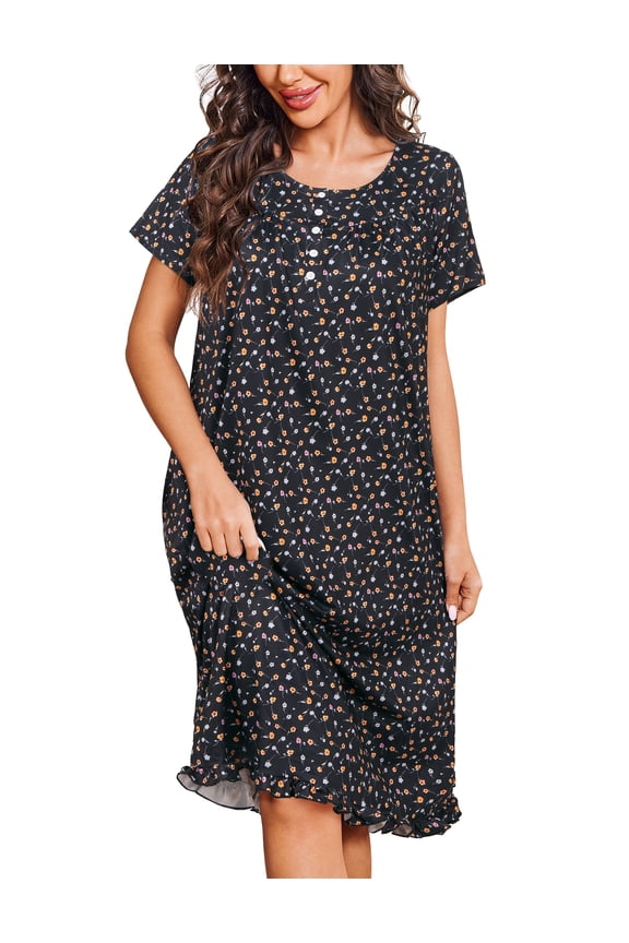 Women Short Sleeve Nightgown with Pockets Button Front House Dresses Floral Print Mumu Dress, S-4XL