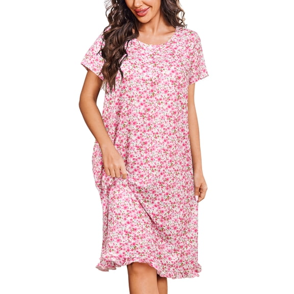 Oudiya Women Short Sleeve Nightgown with Pockets Button Front House Dresses Floral Print Mumu Dress, S-4XL
