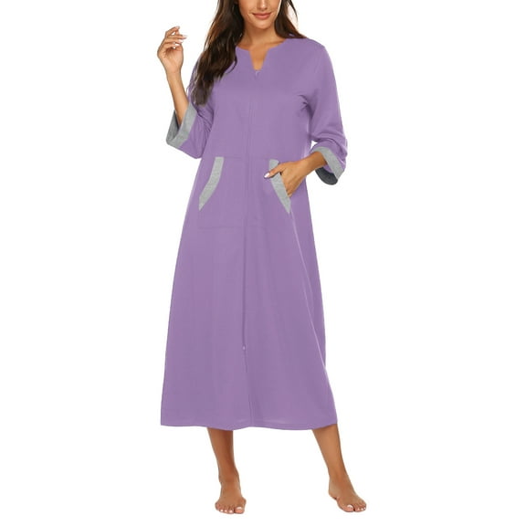 Oudiya Women Zipper Robe Loungewear Dress Full Length Nightgown Housecoat 3/4 Sleeves Sleepwear with Pockets