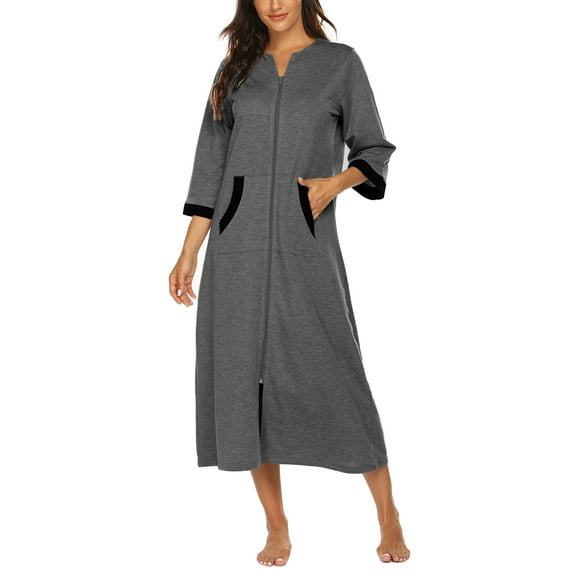 Oudiya Women Zipper Robe Loungewear Dress Full Length Nightgown Housecoat 3/4 Sleeves Sleepwear with Pockets