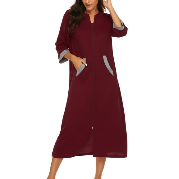 Oudiya Women Zipper Robe Loungewear Dress Full Length Nightgown Housecoat 3/4 Sleeves Sleepwear with Pockets