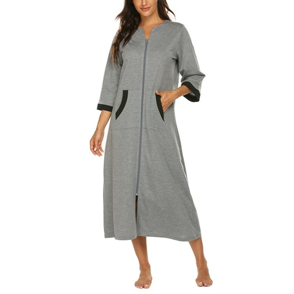 Oudiya Women Zipper Robe Loungewear Dress Full Length Nightgown Housecoat 3/4 Sleeves Sleepwear with Pockets