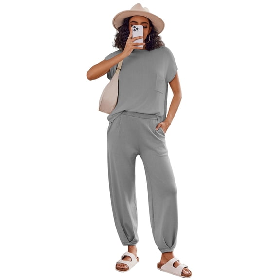 Oudiya Women's 2 Piece Lounge Set Cap Sleeve Tops and Jogger Pants Knit Pajama Sweatsuit S-XXL