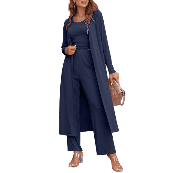 Oudiya Women's 3 Piece Knit Lounge Set Pajama Long Sleeve Cardigan Sleeveless Top Pants Sweatsuit S-XXL