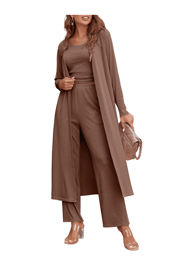 Women's 3 Piece Knit Lounge Set Pajama Long Sleeve Cardigan Sleeveless Top Pants Sweatsuit S-XXL