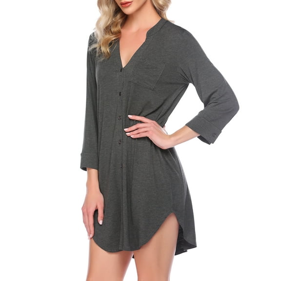 Oudiya Women's Button Down Nightgown V Neck Striped Sleepwear 3/4 Sleeves Nightshirts Soft Sleep Dress, S-XXL
