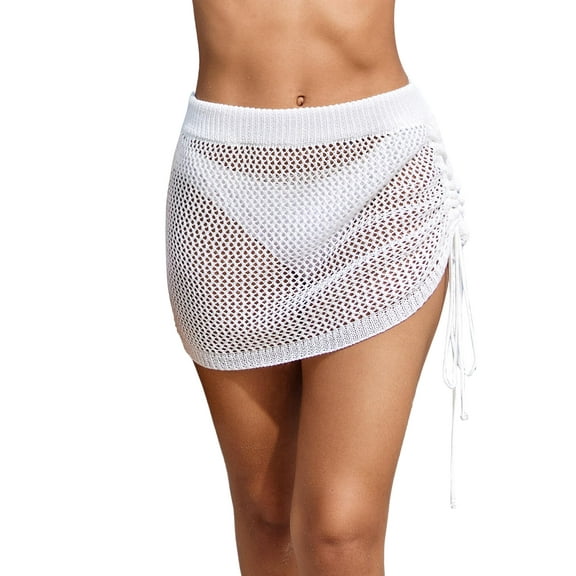 Oudiya Women's Crochet Cover Up Skirt Knit Drawstring Beach Skirt Coverups for Swimwear, XS-XXL