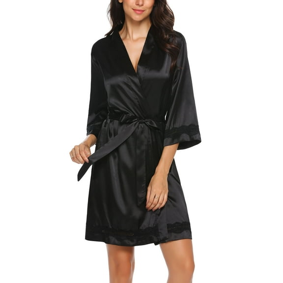 Oudiya Women's Lace-Trim Silk Robes Bride Bridesmaid Kimono Satin Bathrobe V Neck Sleepwear with 3/4 Sleeve