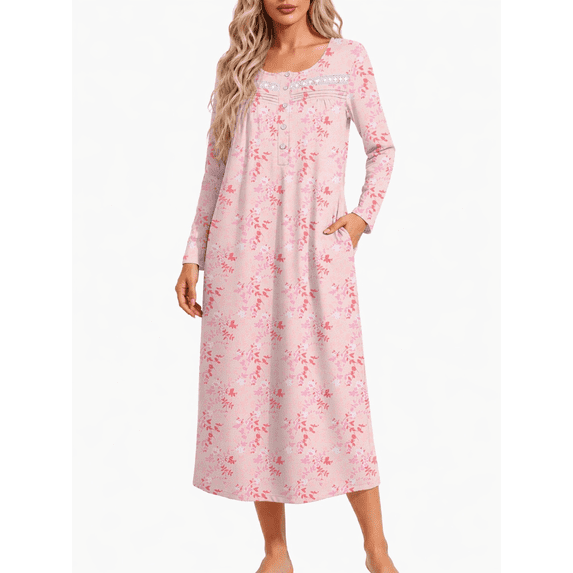 Oudiya Women's Long Sleeve Nightgowns Button Sleepshirts Long Sleepwear Full Length Sleep Dress with Pockets, S-3XL