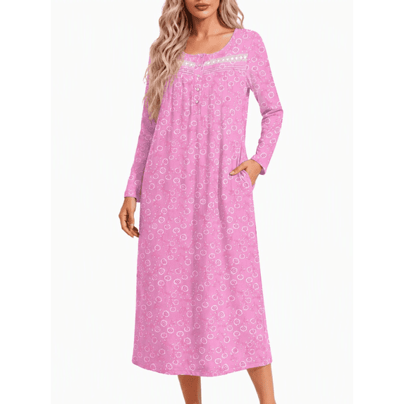 Oudiya Women's Long Sleeve Nightgowns Button Sleepshirts Long Sleepwear Full Length Sleep Dress with Pockets, S-3XL