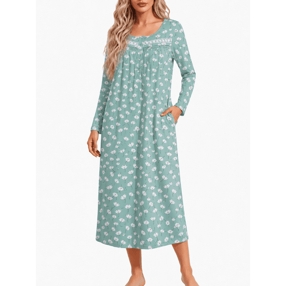 Oudiya Women's Long Sleeve Nightgowns Button Sleepshirts Long Sleepwear Full Length Sleep Dress with Pockets, S-3XL