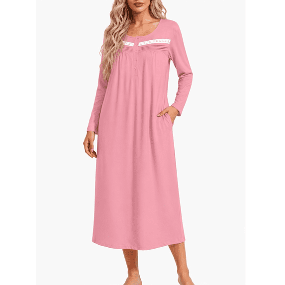 Oudiya Women's Long Sleeve Nightgowns Button Sleepshirts Long Sleepwear Full Length Sleep Dress with Pockets, S-3XL