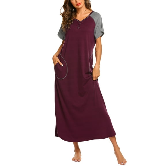 Oudiya Women's Nightgown Short Sleeve Loungewear Sleepwear Full Length Sleep Shirt with Pockets, M-4XL