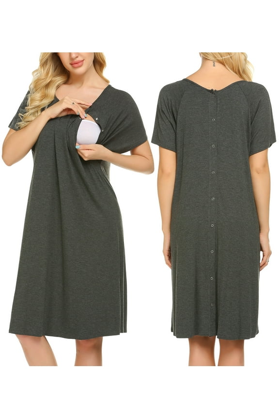 Women's Nursing/Delivery/Labor/Hospital Nightgown Short Sleeve Maternity Nightdress with Button, S-XXL