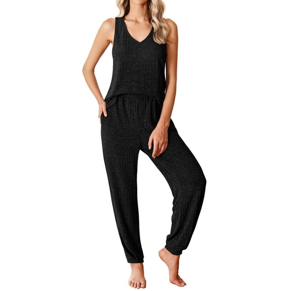 Oudiya Women's Pajamas Sleeveless Summer Lounge Set Ribbed Knit Pj Loungewear Soft Tank Sleepwear Nightwear S-XXL