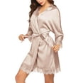 thumbnail image 1 of Oudiya Women's Silk Satin Robe Kimono with Short Lace Trim and Pockets 3/4 Sleeve Sexy Sleepwear for Bride, XS-XXL, 1 of 6