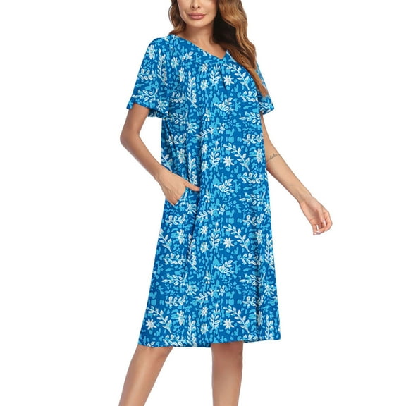 Oudiya Womens House Dress Short Sleeve Mumu Dress Floral Print Nightgown with Pockets, S-4XL