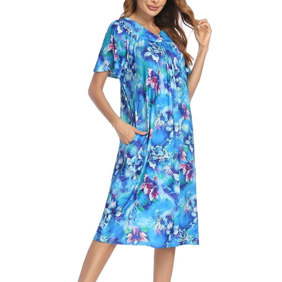 Oudiya Womens House Dress Short Sleeve Mumu Dress Floral Print Nightgown with Pockets, S-4XL