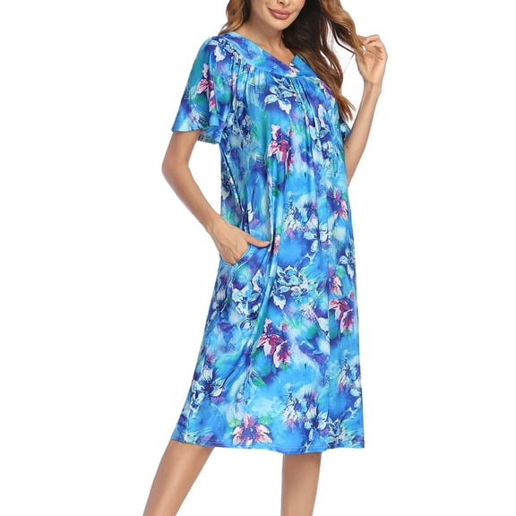 Oudiya Womens House Dress Short Sleeve Mumu Dress Floral Print Nightgown with Pockets, S-4XL