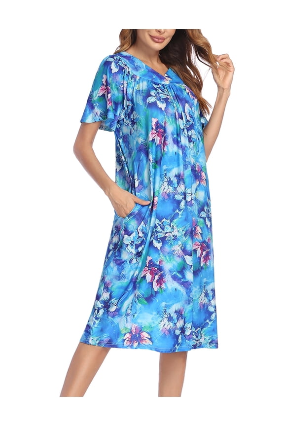 Womens House Dress Short Sleeve Mumu Dress Floral Print Nightgown with Pockets, S-4XL