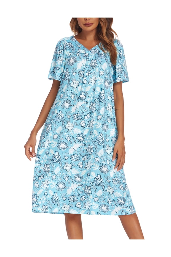 Womens House Dress Short Sleeve Mumu Dress Floral Print Nightgown with Pockets, S-4XL