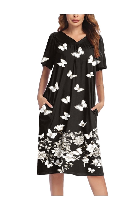 Womens House Dress Short Sleeve Mumu Dress Floral Print Nightgown with Pockets, S-4XL