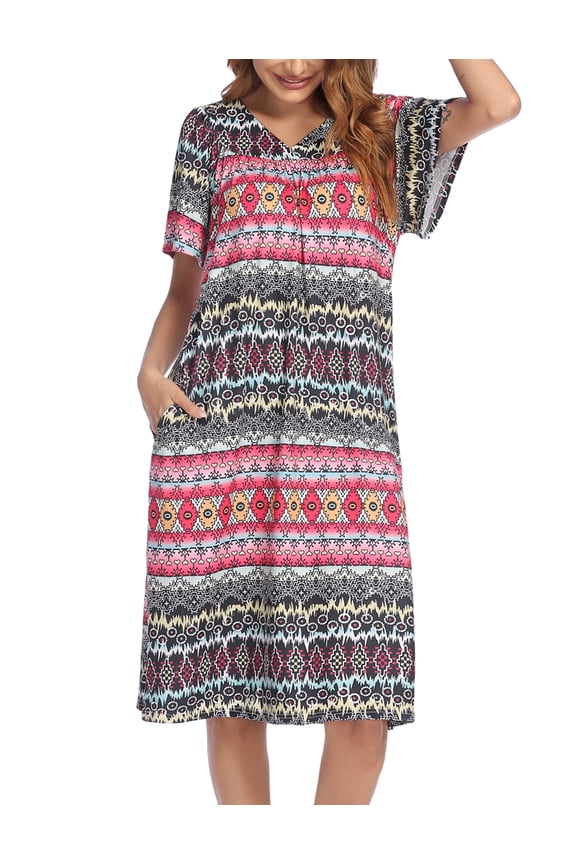 Womens House Dress Short Sleeve Mumu Dress Floral Print Nightgown with Pockets, S-4XL