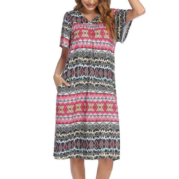 Oudiya Womens House Dress Short Sleeve Mumu Dress Floral Print Nightgown with Pockets, S-4XL