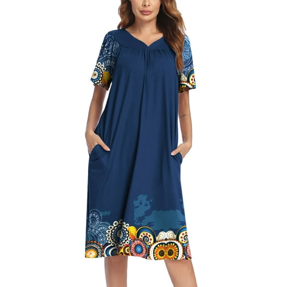 Oudiya Womens House Dress Short Sleeve Mumu Dress Floral Print Nightgown with Pockets, S-4XL
