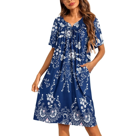 Oudiya Womens House Dress Short Sleeve Mumu Dress Floral Print Nightgown with Pockets, S-4XL