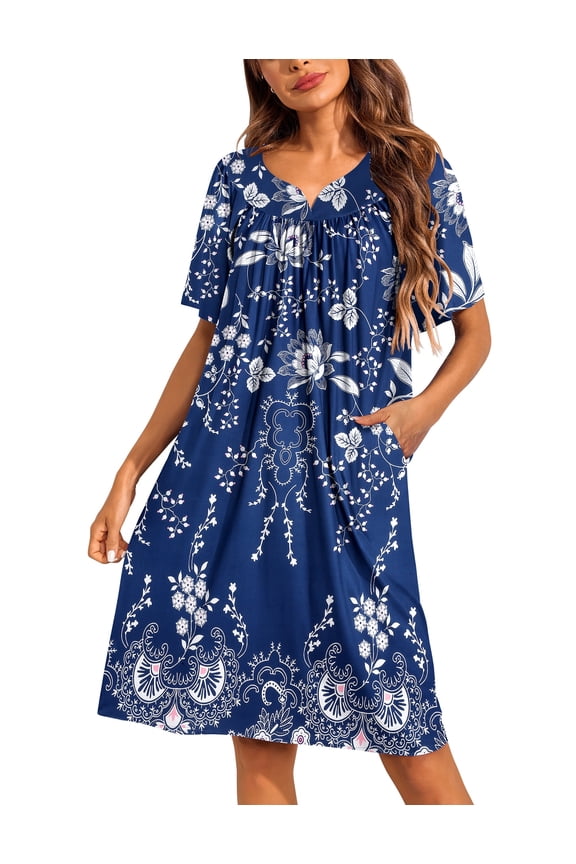 Womens House Dress Short Sleeve Mumu Dress Floral Print Nightgown with Pockets, S-4XL