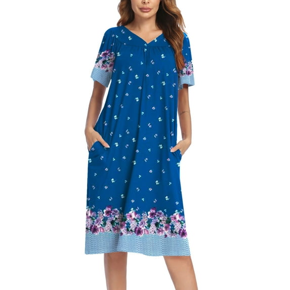 Oudiya Womens House Dress Short Sleeve Mumu Dress Floral Print Nightgown with Pockets, S-4XL