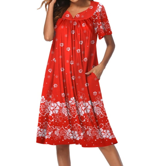 Oudiya Womens House Dress Short Sleeve Mumu Dress Floral Print Nightgown with Pockets, S-4XL