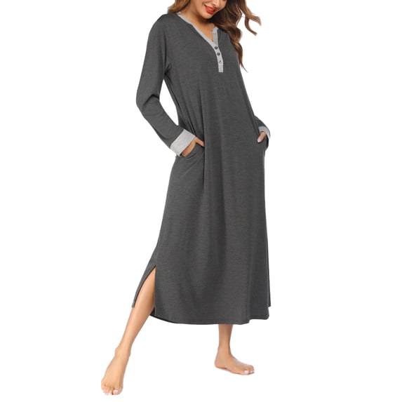 Oudiya Womens Long Nightgown Striped Nightshirt V-Neck Botton Down Loungewear Casual Sleepwear with Pockets, S-4XL