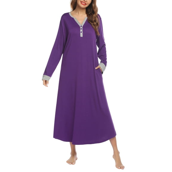 Oudiya Womens Long Nightgown Striped Nightshirt V-Neck Botton Down Loungewear Casual Sleepwear with Pockets, S-4XL