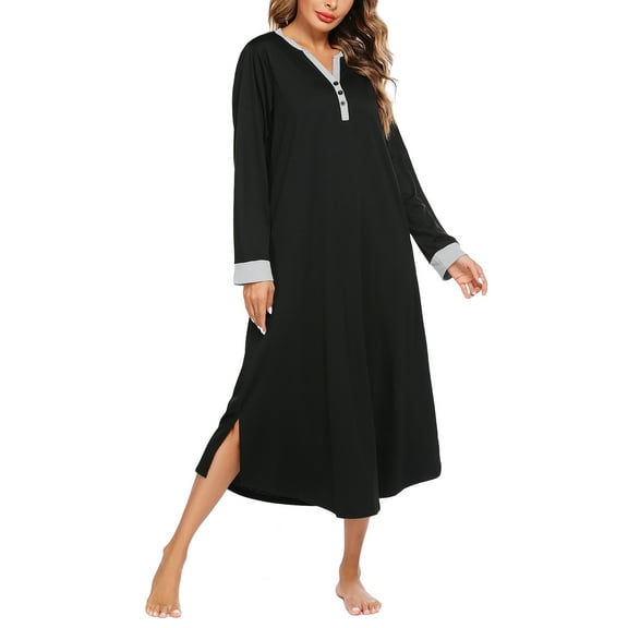 Oudiya Womens Long Nightgown Striped Nightshirt V-Neck Botton Down Loungewear Casual Sleepwear with Pockets, S-4XL