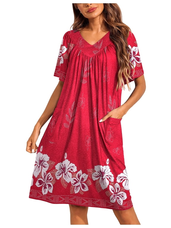 Womens Mumus House Dress Floral Print Short Sleeve Nightgowns Moomoo Dresses with Pockets