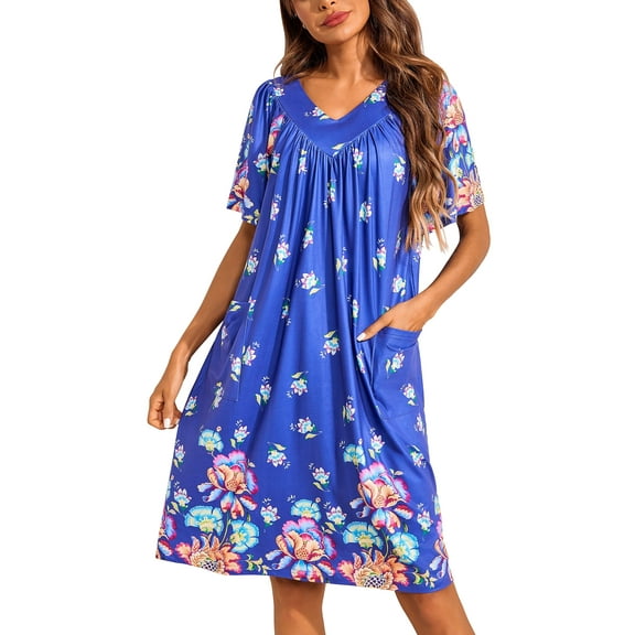 Oudiya Womens Mumus House Dress Floral Print Short Sleeve Nightgowns Moomoo Dresses with Pockets