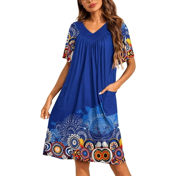 Oudiya Womens Mumus House Dress Floral Print Short Sleeve Nightgowns Moomoo Dresses with Pockets
