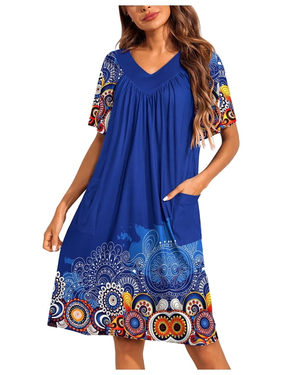 Womens Mumus House Dress Floral Print Short Sleeve Nightgowns Moomoo Dresses with Pockets