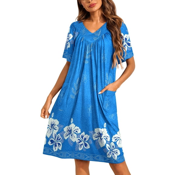 Oudiya Womens Mumus House Dress Floral Print Short Sleeve Nightgowns Moomoo Dresses with Pockets