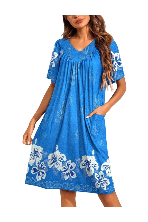 Womens Mumus House Dress Floral Print Short Sleeve Nightgowns Moomoo Dresses with Pockets