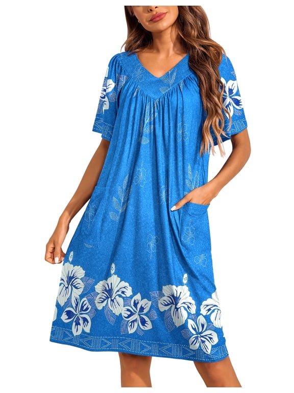 Womens Mumus House Dress Floral Print Short Sleeve Nightgowns Moomoo Dresses with Pockets