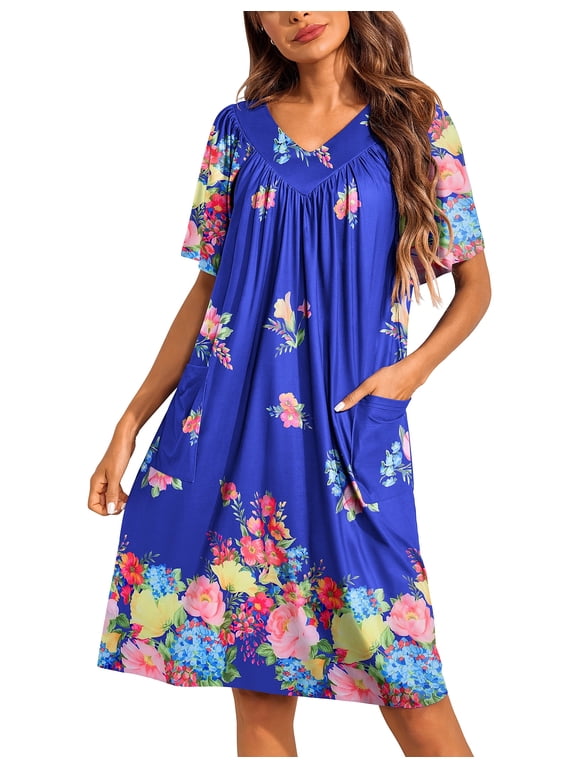 Womens Mumus House Dress Floral Print Short Sleeve Nightgowns Moomoo Dresses with Pockets