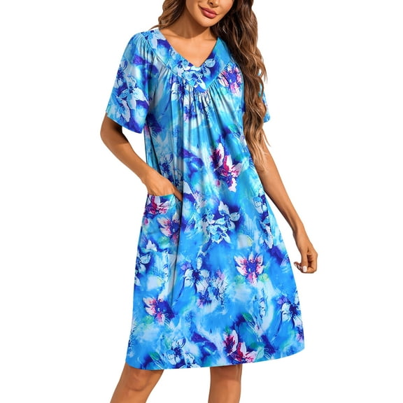 Oudiya Womens Mumus House Dress Floral Print Short Sleeve Nightgowns Moomoo Dresses with Pockets