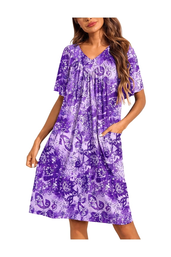 Womens Mumus House Dress Floral Print Short Sleeve Nightgowns Moomoo Dresses with Pockets