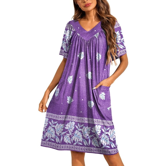 Oudiya Womens Mumus House Dress Floral Print Short Sleeve Nightgowns Moomoo Dresses with Pockets